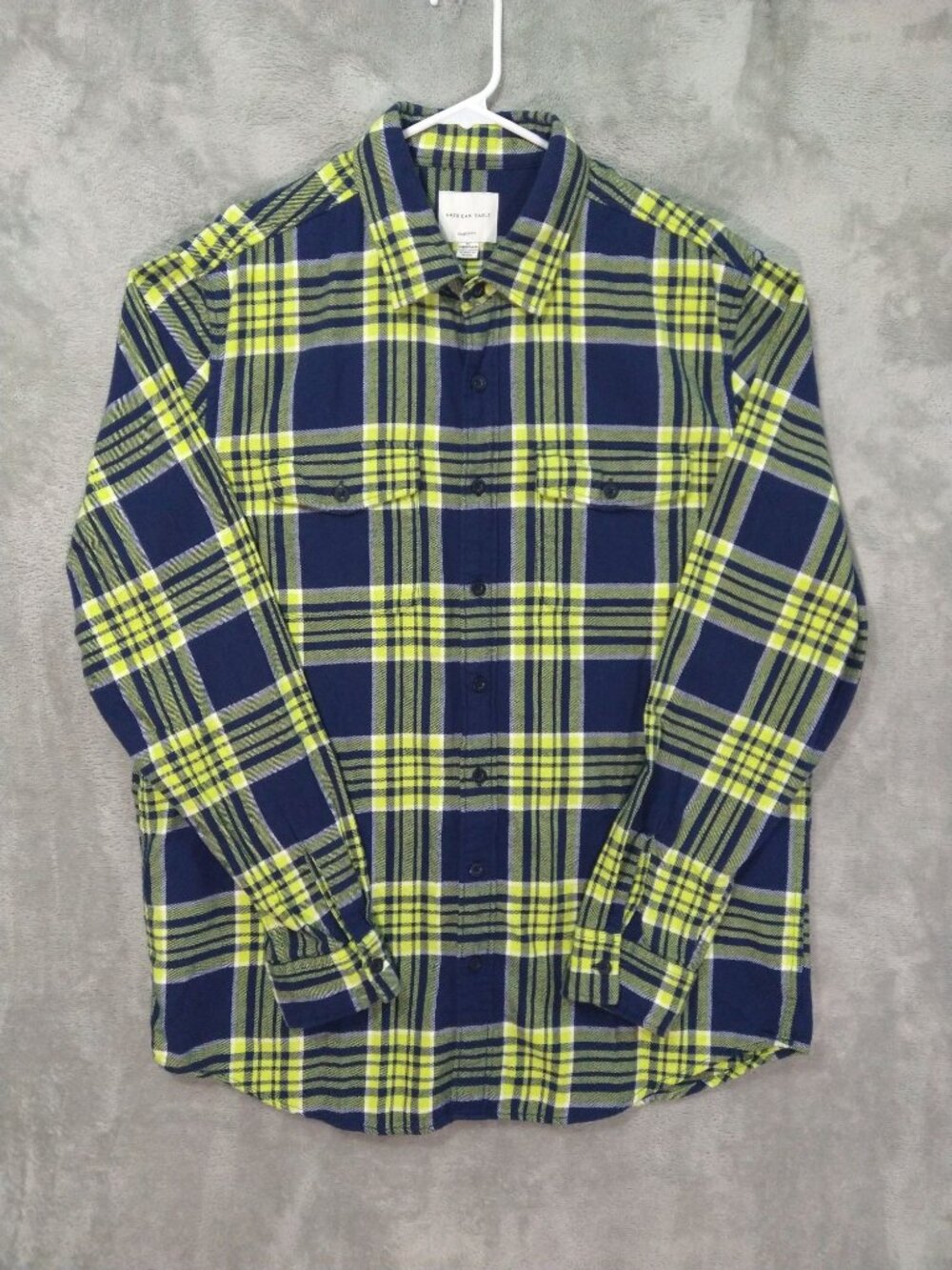 American Eagle Shirt Mens XLT Blue Yellow Plaid Flannel Classic Fit Button Down